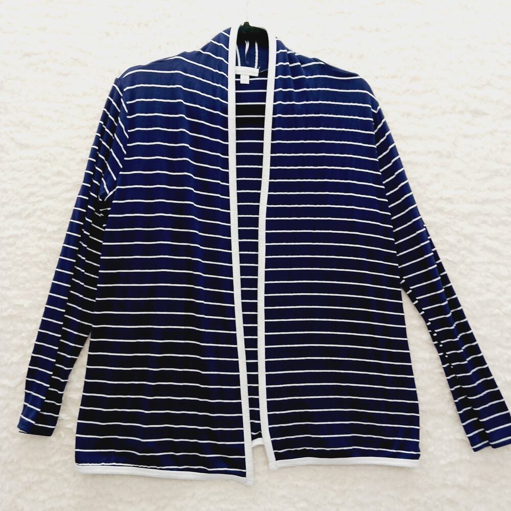 Sweater Open Cardigan Navy Stripe Sailor Coastal Grandma Nautical Cruise Size L